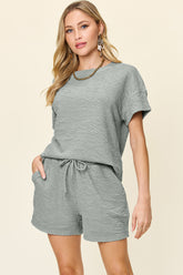Double Take Full Size Texture Short Sleeve T-Shirt and Drawstring Shorts Set Cloudy Blue OutfitFlow
